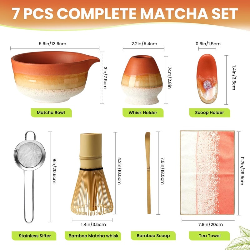 GBBG Matcha Whisk Set, Ceramic Matcha Kit Desert Style, Matcha Whisk and Bowl, Bamboo Scoop and Rest, Sifter and Tea Towel, 7 Pcs Gifts for Matcha Lover - Matte Soil - Image 5